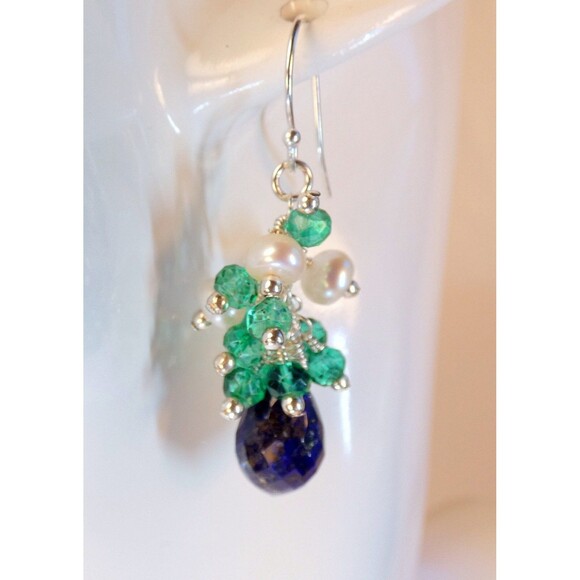 Lapis Lazuli-Green Quartz-Fresh Water Pearl Beaded Sterling Silver Earrings - Picture 2 of 6
